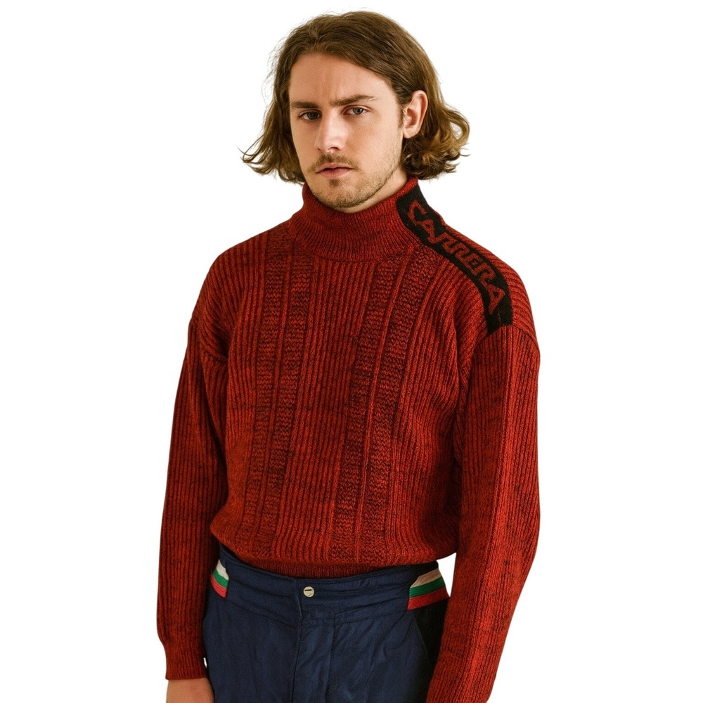 CARRERA 80's Wool Blend‎ Logo Shoulder Sweater Red Black Apres Ski M Retro Ski